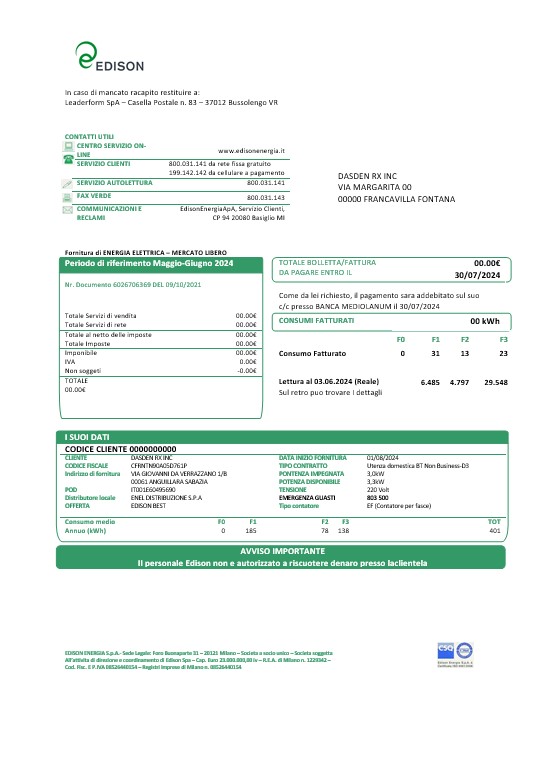 Italy Edison business utility bill template in Word and PDF formats, good for address prove